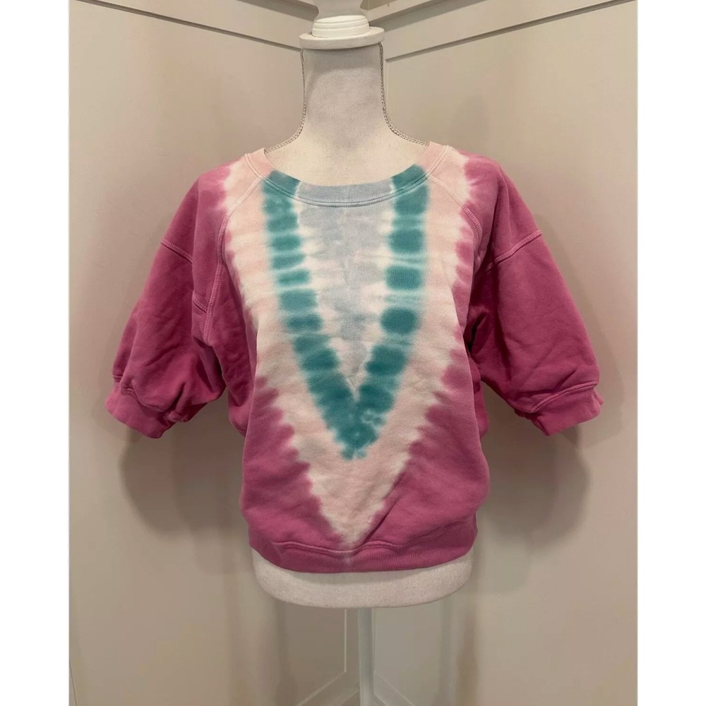 NSF Tie Dye Short Sleeve Sweatshirt Pullover Womens Medium Pink Green Boho Retro